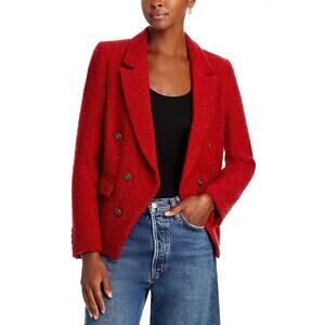 Aqua Red Tweed Double Breasted Blazer Large Wool Coat Metallic Preppy Chic